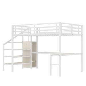 Lit mezzanine queen size avec bureau en forme de L et lit mezzanine en métal USB avec <span class=keywords><strong>armoire</strong></span> et étagère réglable - Product Image 4