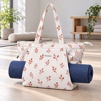 Sac fourre-tout de yoga en velours côtelé blanc OEM avec porte-tapis extérieur, logo personnalisé, imprimé botanique, fermeture éclair supérieure, sac à bandoulière pour Pilates et fitness
