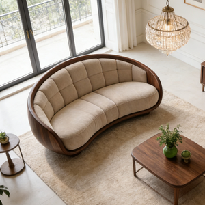 Divano Sezionale Curvo Nordico in Tessuto Bouclé Crema, Arredamento Moderno per Villa, Mobili per Soggiorno - Product Image 3