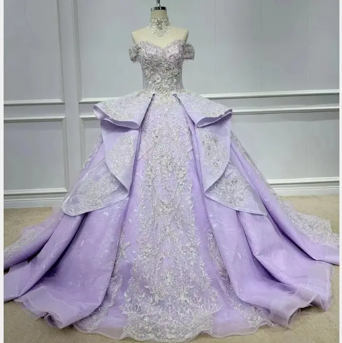 Queensdresses – robe de bal à épaules dénudées violet clair, broderie perlée brillante sans manches, robes de soirée pour femmes, robe colorée