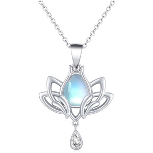 Collana con Ciondolo Loto in Argento con Cristallo Strass Taglio a Pera, Romantica per Uso Quotidiano, da Donna, in Argento Sterling 925, con Catena a Serpente - Product Image 1