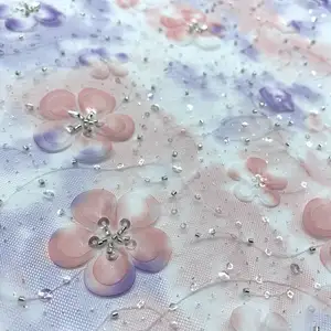 Hi Quality Embroidery Netting Polyester Lace Tulle Fabric With 3d Colorful Flower For Party Gown Evening Dress