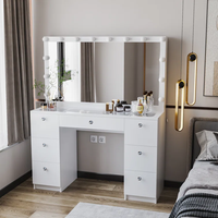 Nouveau design, table de maquillage de luxe avec plateau en verre, table de toilette moderne pour filles, coiffeuse en bois avec plateau en verre trempé et lumière LED