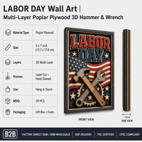 Art mural pour la fête du travail, 5x7 pouces |   Drapeau 3D en contreplaqué peuplier multicouche motif marteau et clé |   CPSC |   Décoration patriotique pour bureau, décoration en bois