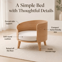 Lit pour chat en bois d'ash massif naturel moderne et personnalisé avec coussin amovible et lavable, design confortable de type grotte pour chat, emballé en carton pour une utilisation en intérieur