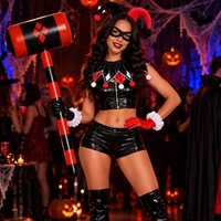 Costume de Clown Bouffon pour Halloween, Fête Costumée, Poncho de Clown Effrayant, Gants, Bandeau de Clown Noir et Rouge, Masque pour les Yeux, Marteau Gonflable