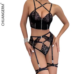 Chuangerm 2024 nuovo complesso di moda artigianale ricamo pizzo modellante corpo catena diamante 4 pz Lingerie donna di alta qualità