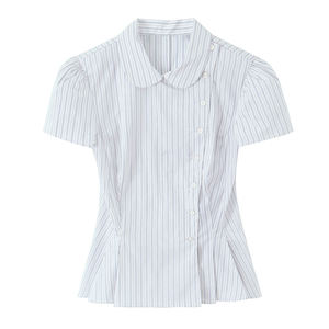 Chemisier rayé en popeline style européen, coupe ajustée, boutonné, imprimé sur mesure, collection Printemps 2026, OEM/ODM par l'usine chinoise, haut pour fille - Product Image 1