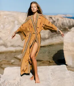 Bohemian baskılı plaj Bikini Cover-Up zarif kendinden kuşak Kimono elbise tunik kadın plaj kıyafeti mayo Cover Up