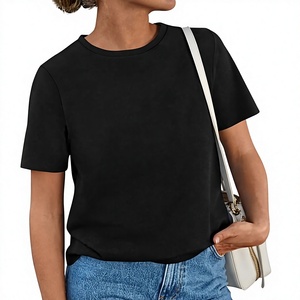 Haut court noir à col en V et manches courtes pour femme, coupe classique, en coton tricoté, couleur unie, respirant, écologique, séchage rapide - Product Image 1
