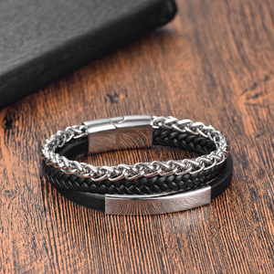 Multi-Layer Braided <b>Leather</b> Bar <b>Bracelet</b> with Non-Fading 316L Stainless Steel PVD Gun Black Wheat Chain & Magnetic Clasp for Men - Product Image 5