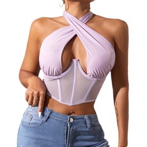 Mesh Hanging Neck Tie Wrap Sexy Fishbone Steel Ring Outside Wear Backless Women's <b>Top</b> Shirt Fashion - Product Image 5