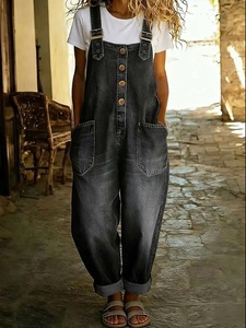 Mono vaquero de punto informal para mujer, estilo vintage europeo-americano, desgastado, de corte regular, cintura alta, con botones, para verano - Product Image 5