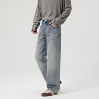 Pantalon décontracté pour homme style vintage délavé - Jean bleu clair déchiré coupe droite style urbain