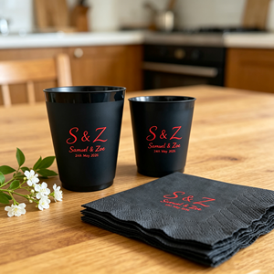 Gobelets en plastique givré PP sans BPA de 12 oz avec logo personnalisé, réutilisables pour les mariages, les fêtes et les événements, avec logo, serviette noire, monogramme - Product Image 1