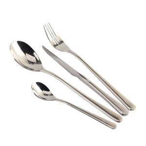 elegant flatware features flaring <b>handles</b> and subtle <b>bands</b> that highlight the narrow necks and wide tips Flatware Set - Product Image 4