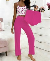 Ensemble 3 pièces pyjama femme : caraco, short et pantalon, imprimé floral, tenue d'été sans manches, vêtements de nuit