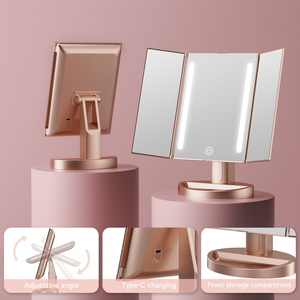 <span class=keywords><strong>Miroir</strong></span> de maquillage LED pliable à trois volets avec commande tactile, compartiment de rangement frontal, angle réglable, <span class=keywords><strong>miroir</strong></span> de vanité rechargeable - Product Image 3