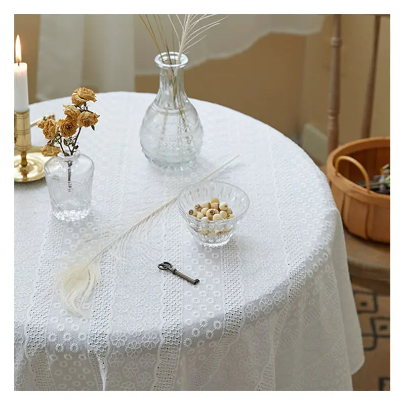 Mantel blanco liso bordado con encaje floral, mantel redondo de ganchillo, cinta bordada, mantel