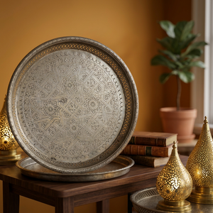 Bandeja Circular de Latón Personalizada con Grabado de Cruz de Ángel, Patrón Religioso Tradicional, Decoración Artesanal Antigua para el Hogar - Product Image 1