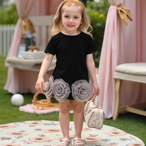 Nuevo Vestido de Princesa de Verano para Niñas, Elegante, de Color Sólido, Manga Corta, con Flores Tridimensionales, Tallas Pequeñas y Medianas - Product Image 1