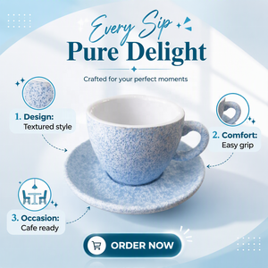 <span class=keywords><strong>Tasse</strong></span> et soucoupe à expresso bleu mat marbré, en grès réactif et porcelaine, duo café-thé avec texture en relief - Product Image 2