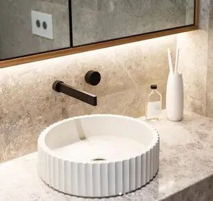 Nordic Designs Handmade Round Fluted Countertop Vessel Artificial Stone Bathroom Hand Wash Basin