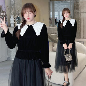 Blusa de terciopelo para mujer talla grande con cuello de encaje desmontable y diseño reversible, color negro N8160 - Product Image 5