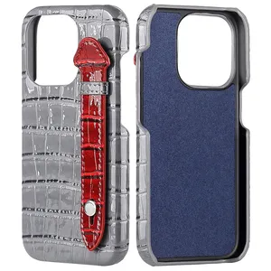 Best Selling Painting Edge Craft Mobile Phone Cases Luxury Crocodile Pu Leather Case For IPhone 15 Cover Case With Strap