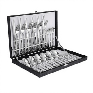 30-Piece Classic Black Metal <b>Flatware</b> <b>Set</b> Sustainable Giveaways Includes 4 Knives Mirrored Stainless Steel Wood Horn Resin - Product Image 3