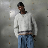 Herren Atmungsaktiver Langer Pullover Rundhals Übergroßer Schnitt Gestreiftes Muster Warmer Mohair-Strick Rückenlogo Winter