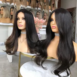 Double Draw 24 Inch Long Russian Virgin Ermy Human Hair 200% Density Glueless Lace Silk Base Kosher Wig 1B
