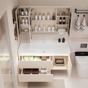 Customized wall mounted cream <b>oak</b> style environmentally friendly intelligent mirror integrated bathroom cabinet - Product Image 4