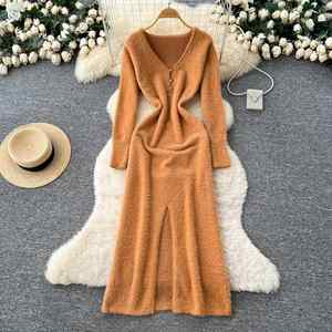 Vestido midi de punto elegante con cuello en V y abertura para mujer, estilo imperio, ideal para el verano - Product Image 3