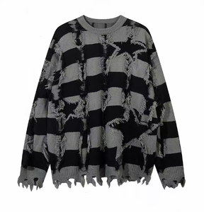 Logo personnalisé nouveauté américain ourlet coupe rayures Hit couleur pull mâle lâche paresseux vent trou grande taille pull en tricot mâle - Product Image 3