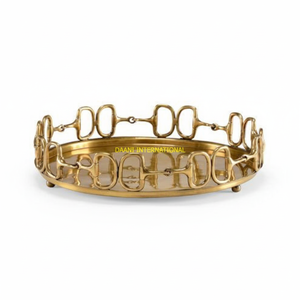 Plateau de service à café rond en métal décoratif avec bordure découpée design, plateau de centre de table doré de luxe pour la maison, l'hôtel et les fêtes - Product Image 1