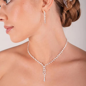 Bridal Jewelry <b>Set</b>-Sterling Silver Necklace <b>Bracelet</b> & Earrings with Moissanite Platinum Plated Y-Shape Design for Wedding - Product Image 1