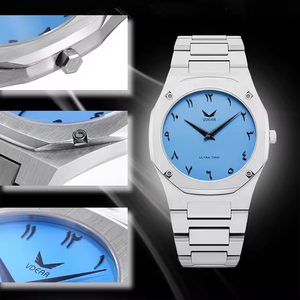 Montre personnalisée OEM, bracelet en cuir simple, étanche 30 mètres, ultra-fine, cadran bleu mat classique, quartz. - Product Image 4