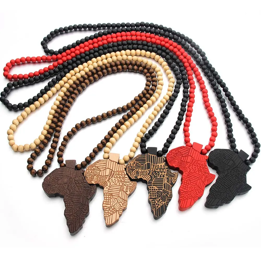 Fashion Personality Wooded African Jewelry Necklaces Accessories Hip Hop Wood Bead Map Africa Pendant Necklace for Men Women