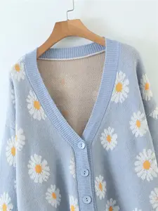 Yt Biểu Tượng Tùy Chỉnh Mô Hình Jacquard Đan Phụ Nữ Hoa Cardigan V Cổ Daisy Cardigan Áo Len Phụ Nữ