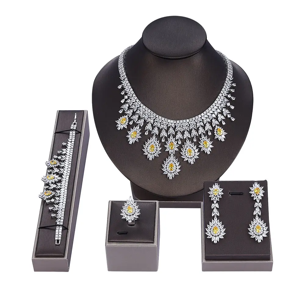 Women Wedding Dubai Jewelry Sets CZ Crystal Wedding 4pcs Bridal Zirconia Full Jewelry Sets For Women Party