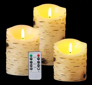 Pilar lilin asli permukaan kulit Birch pengendali jarak jauh timer led 3d sumbu lilin kedip untuk dekorasi rumah