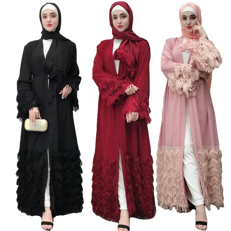 Groothandel kwastje abaya open jilbab moslim vest maxi jurk vrouwen winter kimono kaftan