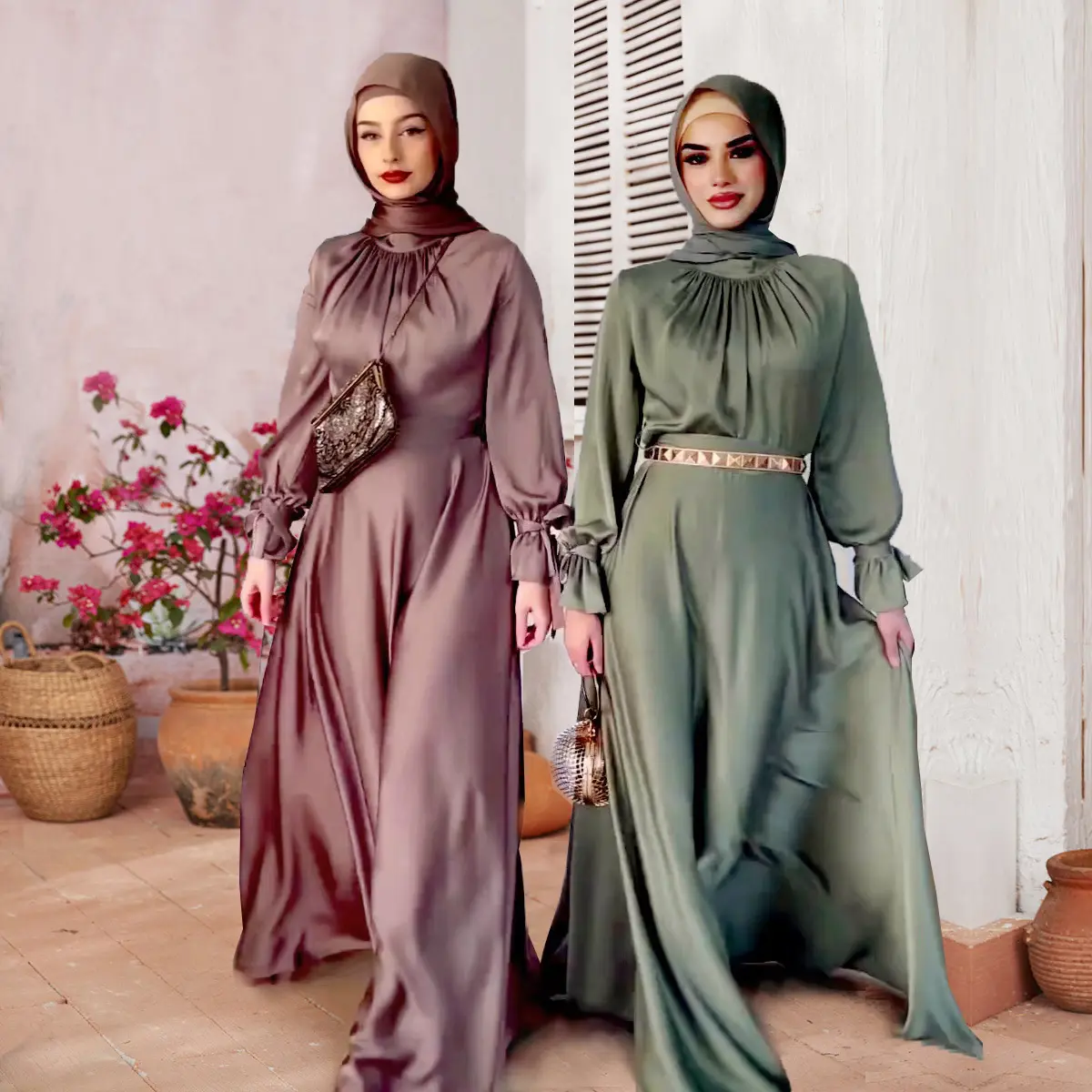 Diskon besar jubah dubai arab saudi pakaian wanita renda satin gaun abaya muslim Islami