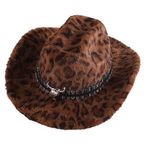 Sombrero de Vaquero de Felpa con Estampado de Leopardo ZhenXi, M56-58cm, con Adorno de Cabeza de Vaca, Estilo Occidental - Product Image 5