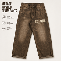 Jean en denim délavé marron sur mesure pour homme, coupe droite ample, 100 % coton, style streetwear vintage imprimé