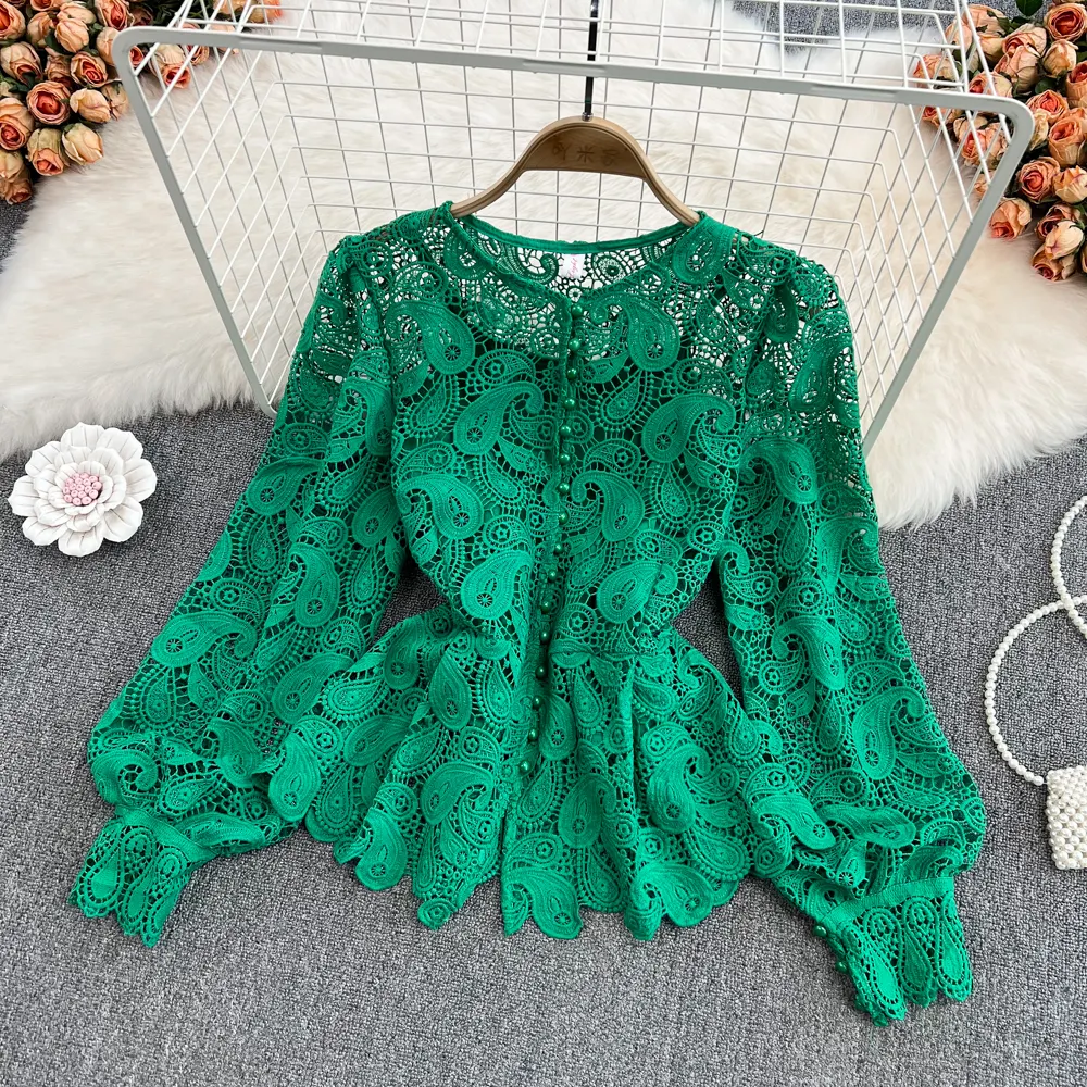 Spring Autumn Fashionable Elegant Lace Tops Women Solid O-neck Short Sleeve Hollow Out Blouse Ladies Clothes Blusas Femininas