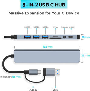 Buena calidad de aleación de aluminio USB C a 8 en 1 USB 3,0 + 2,0 lector de tarjetas + Audio USB C HUB de transferencia de datos - Product Image 5