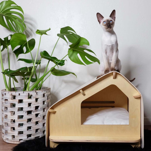 Casa para Gatos – Cama Cubierta para Mascotas de Interior con Cojín y Rascador |   Casa Rascador de Madera para Gatos, Gatitos y Perros Pequeños - Product Image 5