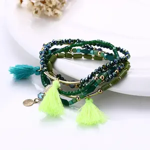 Wholesale Fashion Green Beaded Bracelet Sets Trendy Boho 5pcs Green Glass Seed Beaded Tassel Elastic Bangles